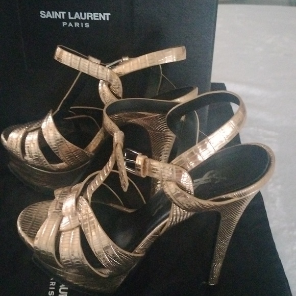 YSL metallic Gold Lizard Embossed Leather Tribute Ankle Strap Platform heels - Picture 11 of 16